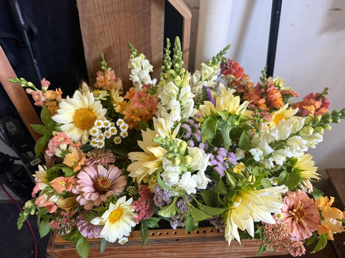 A long wooden crate packed with mixed bouquets — sunflowers, snapdragons, zinnias, and daisies in cream, peach, and pink.