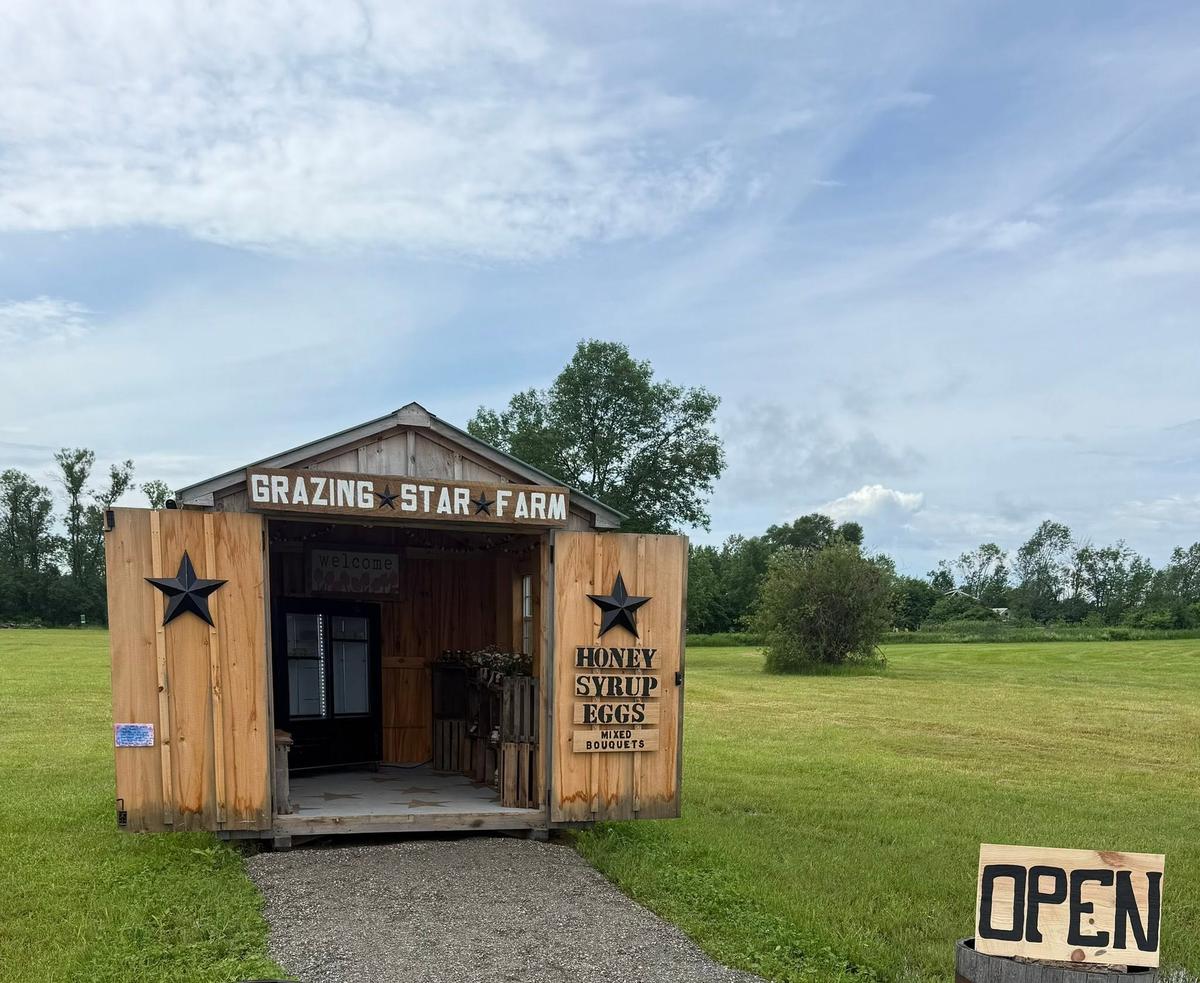 The Grazing Star Farm roadside stand, a small wooden building in a mown field with an OPEN sign out front and a hand-lettered board reading Honey, Syrup, Eggs, Mixed Bouquets.