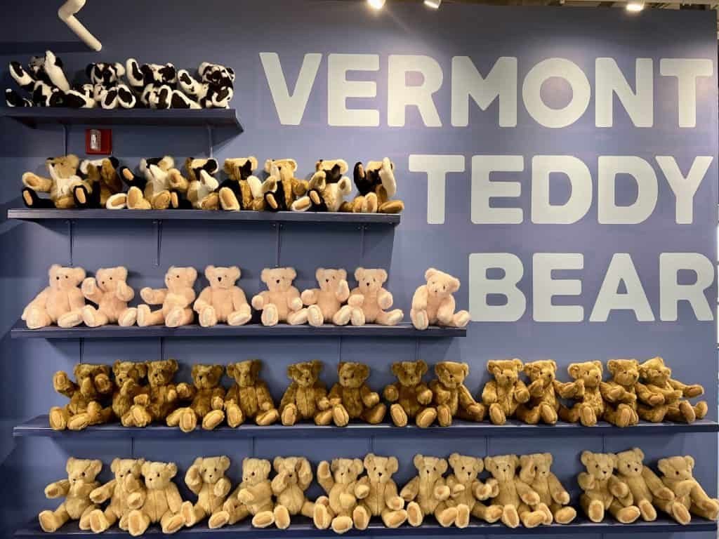 Shelves of teddy bears at the Vermont Teddy Bear factory store