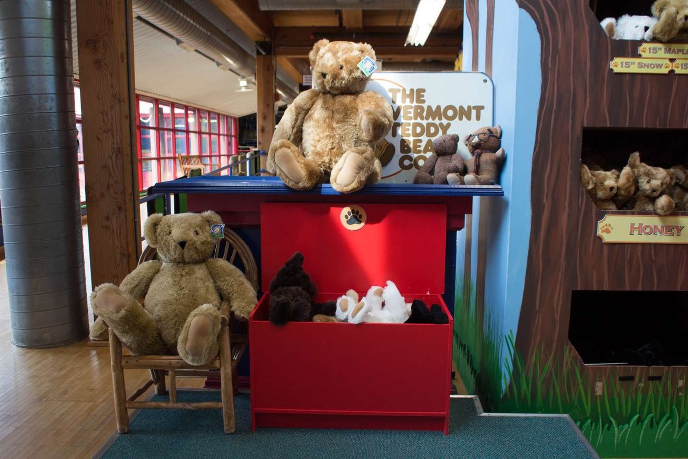 Vermont Teddy Bear — bears on display at the Shelburne factory store.